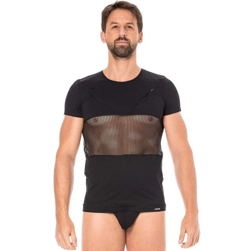 teeshirt noir sexy urbain ajusté opaque polyamide élasthanne extensible deux fermetures éclair poitrine filet discret séduisant confortable durable