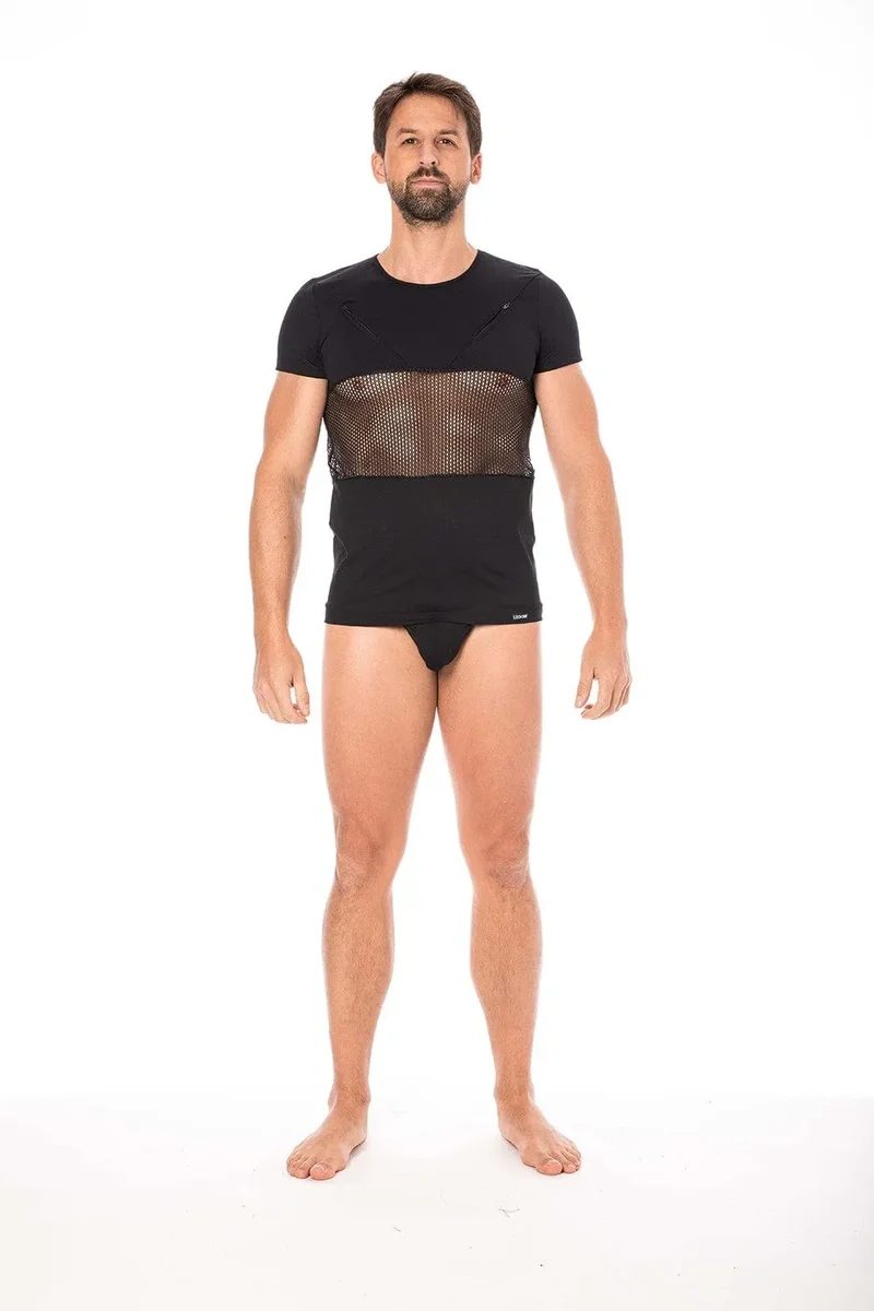 teeshirt noir sexy urbain ajusté opaque polyamide élasthanne extensible deux fermetures éclair poitrine filet discret séduisant confortable durable