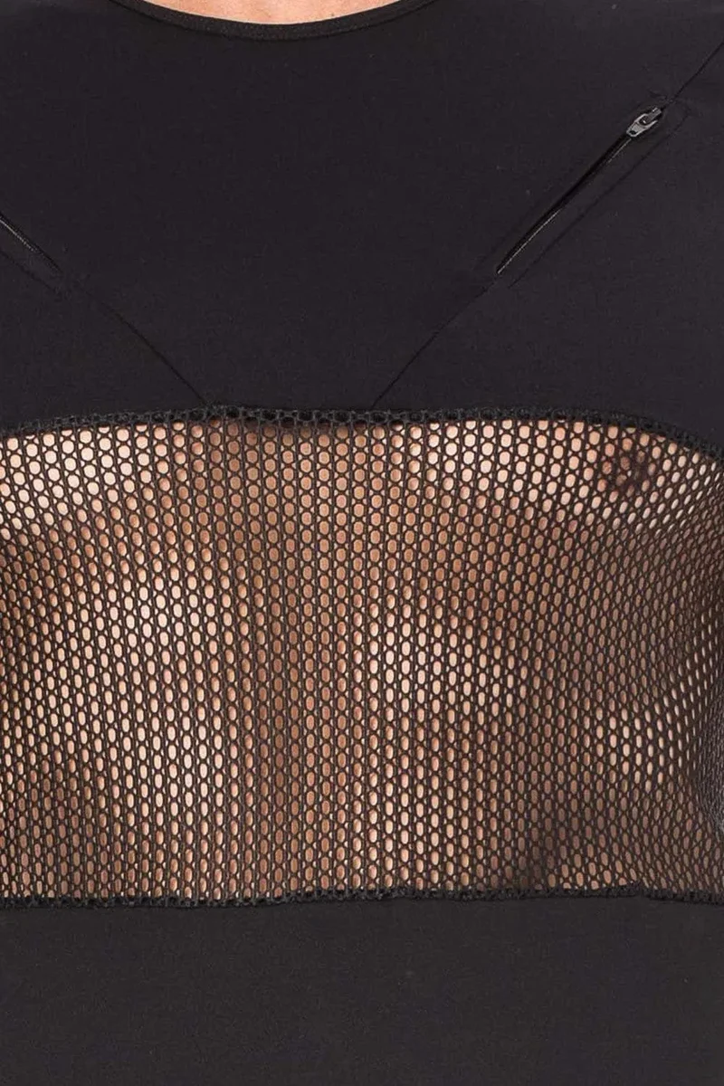 teeshirt noir sexy urbain ajusté opaque polyamide élasthanne extensible deux fermetures éclair poitrine filet discret séduisant confortable durable