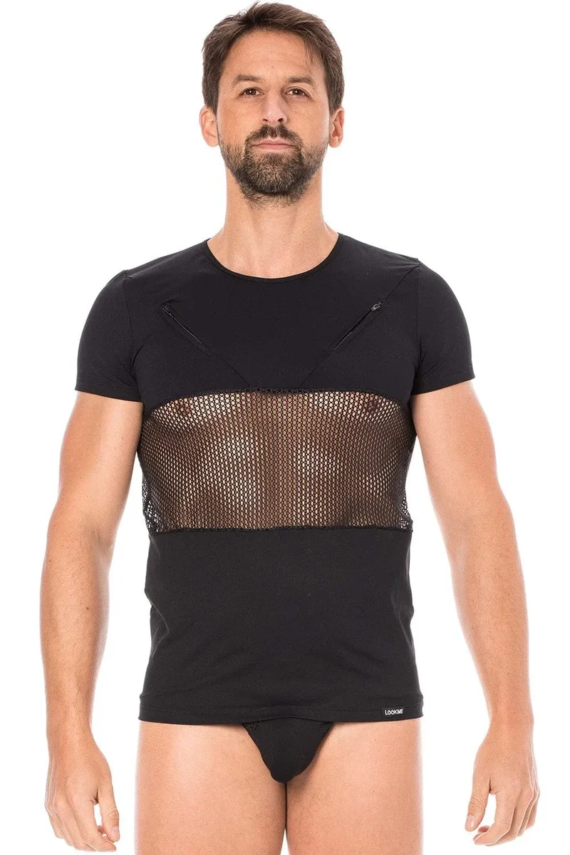teeshirt noir sexy urbain ajusté opaque polyamide élasthanne extensible deux fermetures éclair poitrine filet discret séduisant confortable durable