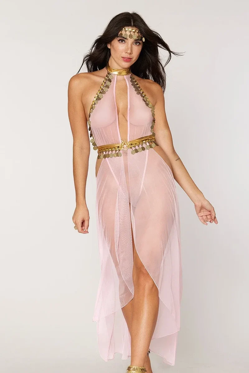 Body résille transparent extensible encolure haute velcro jupe longue côtés ouverts taille élastique réglable ceinture dorée attache serpent bandeau assorti