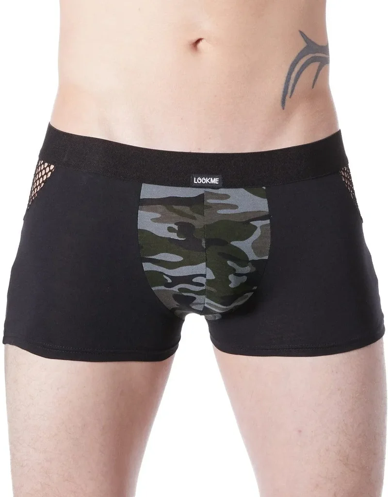 Boxer Homme Noir Camouflage Sexy Coton Confort Respirant Ajusté Ceinture Élastique Résille Latérale Maille Polyamide Élasthanne
