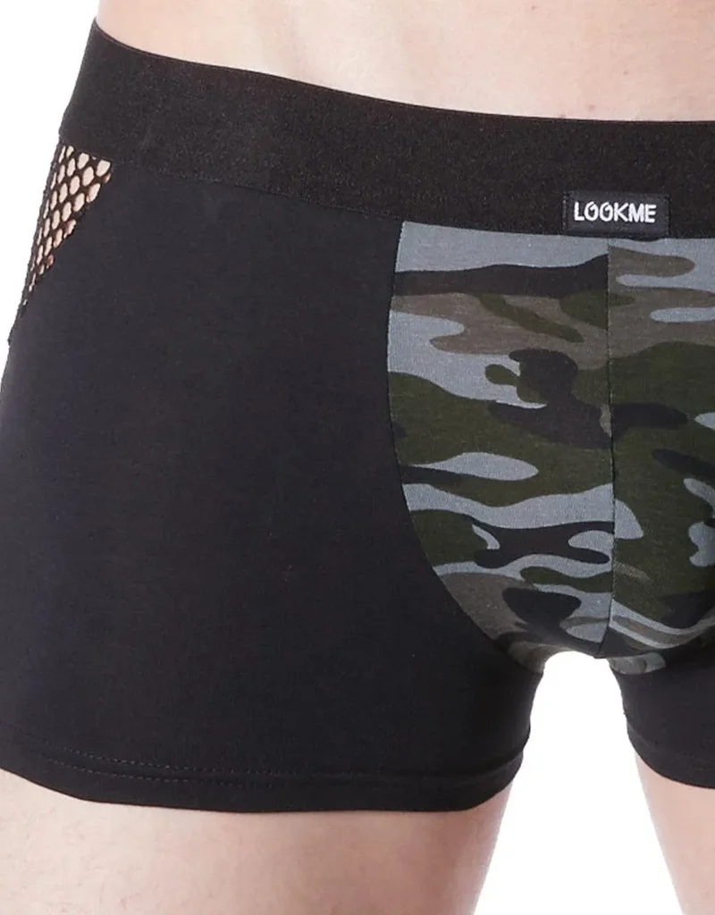 Boxer Homme Noir Camouflage Sexy Coton Confort Respirant Ajusté Ceinture Élastique Résille Latérale Maille Polyamide Élasthanne
