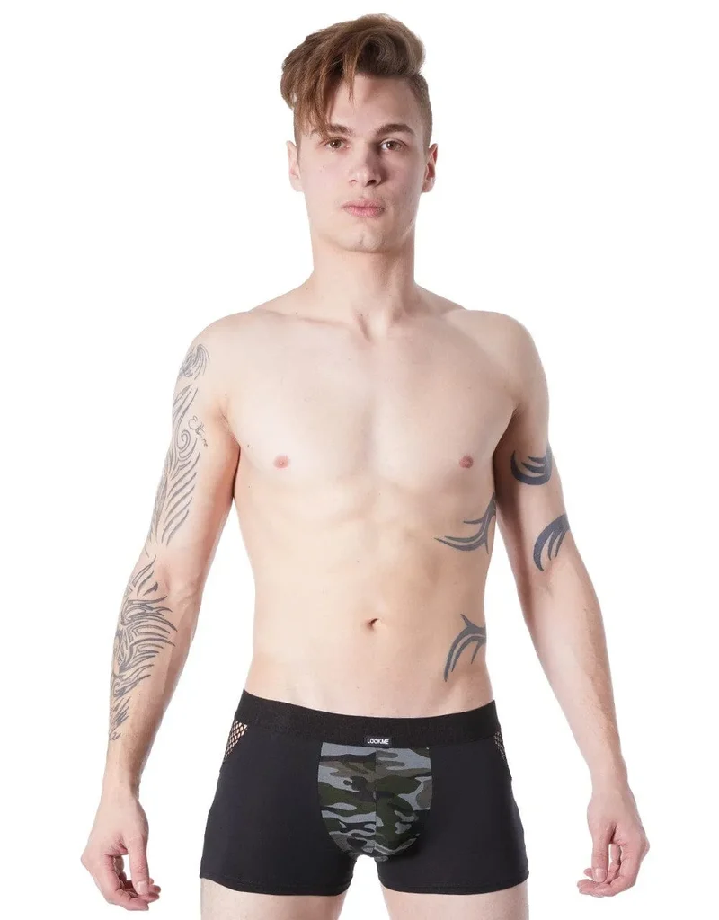 Boxer Homme Noir Camouflage Sexy Coton Confort Respirant Ajusté Ceinture Élastique Résille Latérale Maille Polyamide Élasthanne