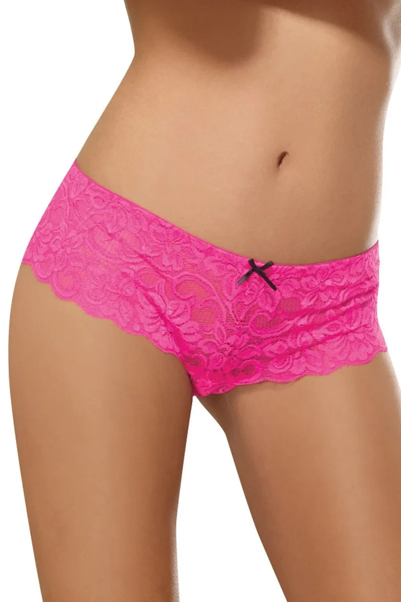 Culotte dentelle sexy rose douce souple noeud satiné noir taille élastique shorty coupe courte fessier confort nylon elasthanne élégante