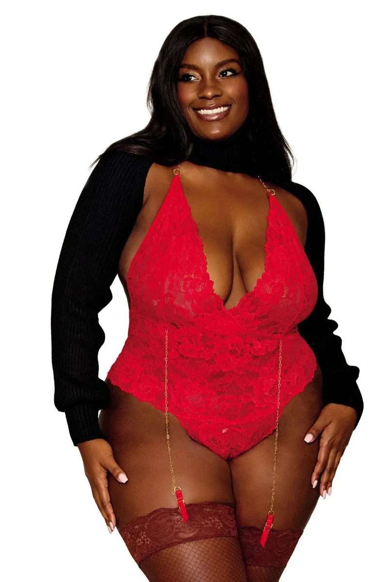 body rouge grande taille dentelle florale porte jarretelles chaînettes ouvert entrejambe chaîne dorée col nœud arrière extensible nylon élasthanne confortable