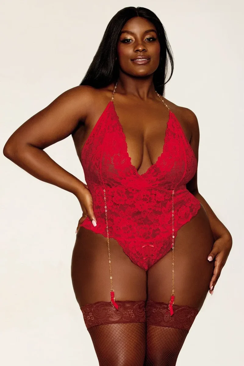 body rouge grande taille dentelle florale porte jarretelles chaînettes ouvert entrejambe chaîne dorée col nœud arrière extensible nylon élasthanne confortable