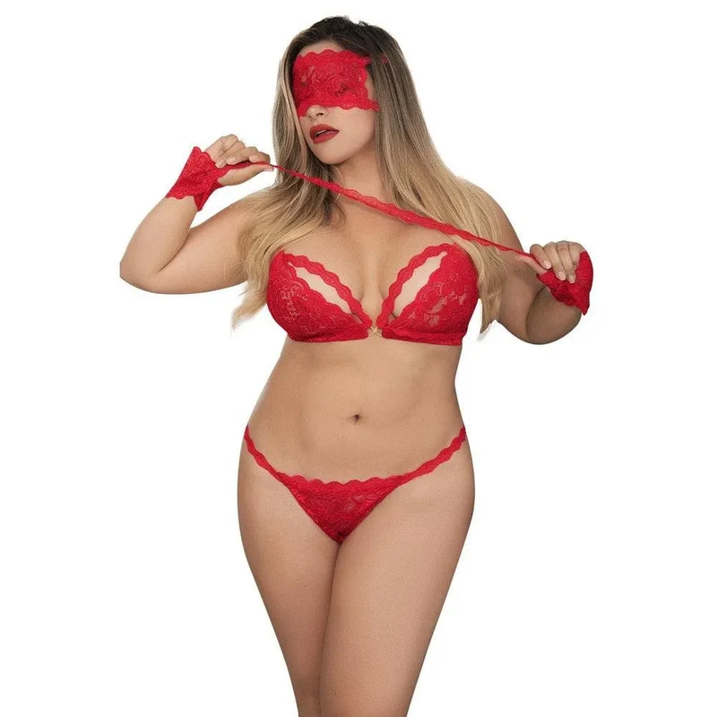 ensemble lingerie rouge pulpeuse dentelle soutien gorge dos nageur string assorti menottes masque maintien galbant douceur élasticité séduction