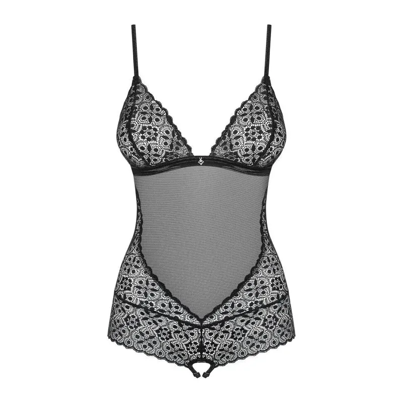 Body ouvert Shibu noir dentelle géométrique maille transparente bretelles réglables sexy élégante amincissante coutures spéciales coupe dos entrejambe ouverte