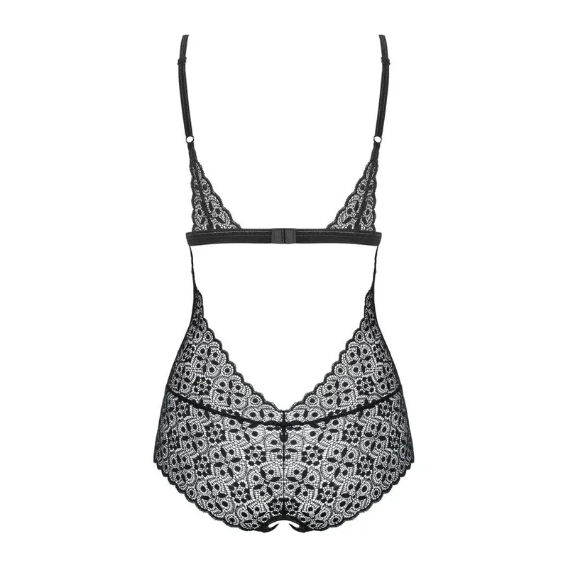 Body ouvert Shibu noir dentelle géométrique maille transparente bretelles réglables sexy élégante amincissante coutures spéciales coupe dos entrejambe ouverte