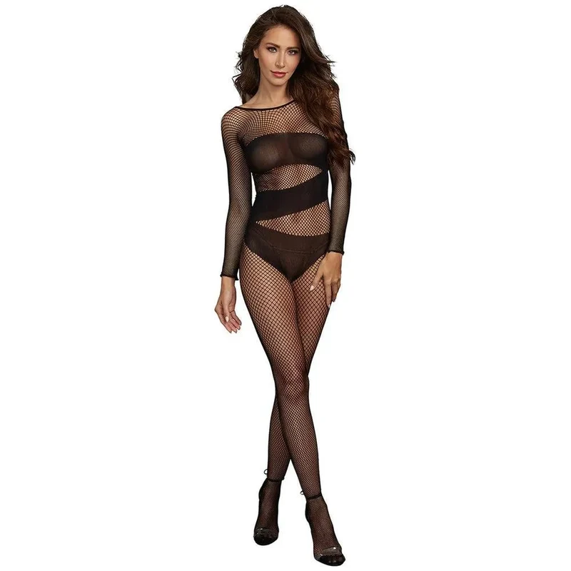 tenue résille combinaison manches longues extensible maille opaque fermeture boutonnée dos épaules respirante confortable élasthanne nylon élégante audacieuse sportive