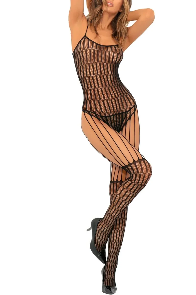 combinaison résille érotique noire extensible effet damier longues jarretelles fines illusion buste mi bas finition string nylon elasthanne