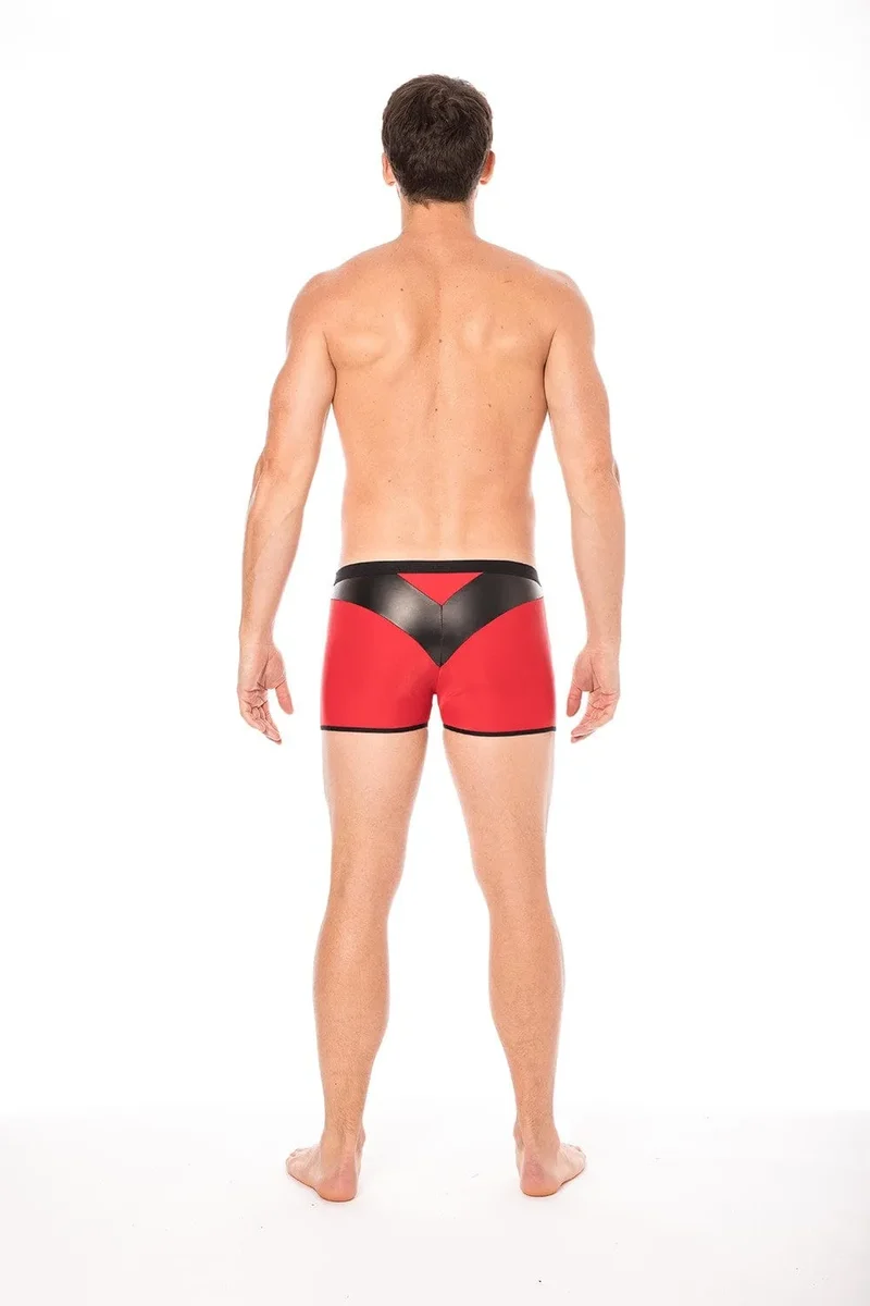 Boxer Homme Moulant Rouge Tissu Doux Opaque Bande Simili Cuir Pointe Noir Confort Audacieux Design Extensible Polyester Elasthanne