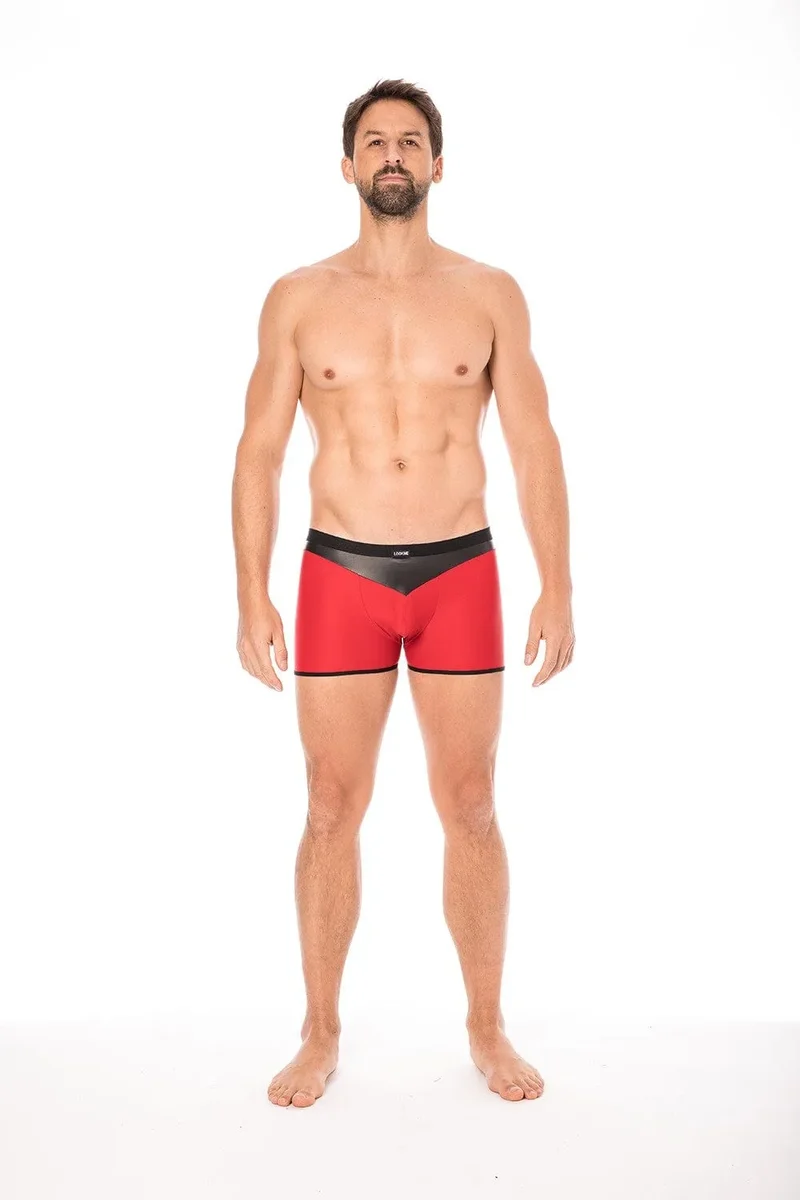 Boxer Homme Moulant Rouge Tissu Doux Opaque Bande Simili Cuir Pointe Noir Confort Audacieux Design Extensible Polyester Elasthanne