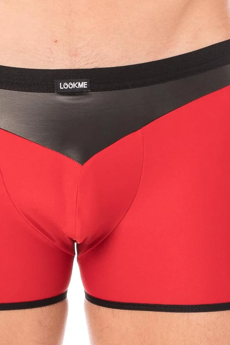 Boxer Homme Moulant Rouge Tissu Doux Opaque Bande Simili Cuir Pointe Noir Confort Audacieux Design Extensible Polyester Elasthanne