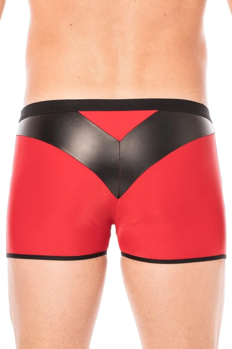 Boxer Homme Moulant Rouge Tissu Doux Opaque Bande Simili Cuir Pointe Noir Confort Audacieux Design Extensible Polyester Elasthanne