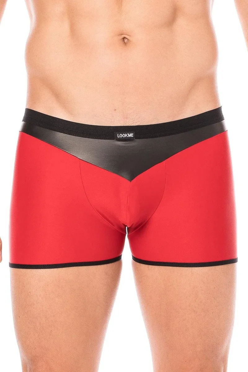 Boxer Homme Moulant Rouge Tissu Doux Opaque Bande Simili Cuir Pointe Noir Confort Audacieux Design Extensible Polyester Elasthanne