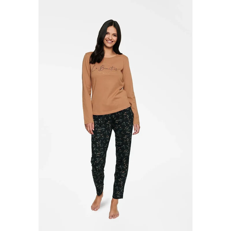 Pyjama trois pièces élégant 100% coton doux Henderson manches longues encolure ronde imprimé floral pantalon ajusté nuit confort intime