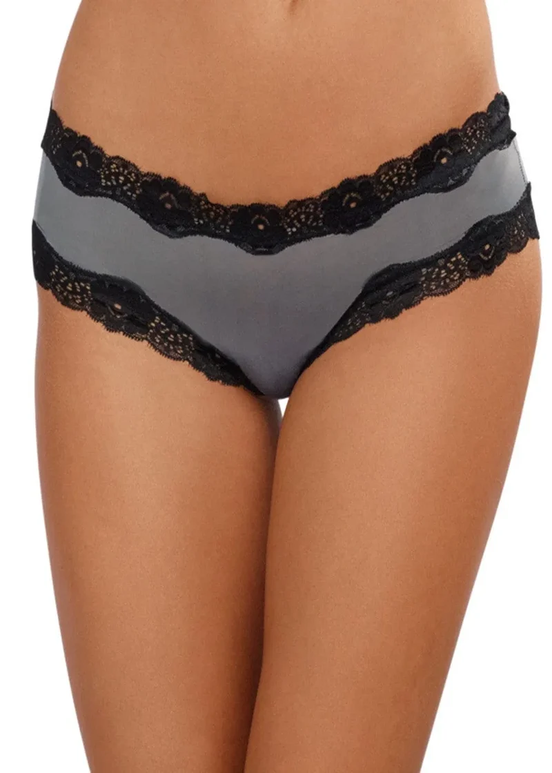 Tanga gris satiné doux sexy dentelle noire bordures ajourées ornements croisés confortable féminin tailles variées polyester élasthanne luxueux