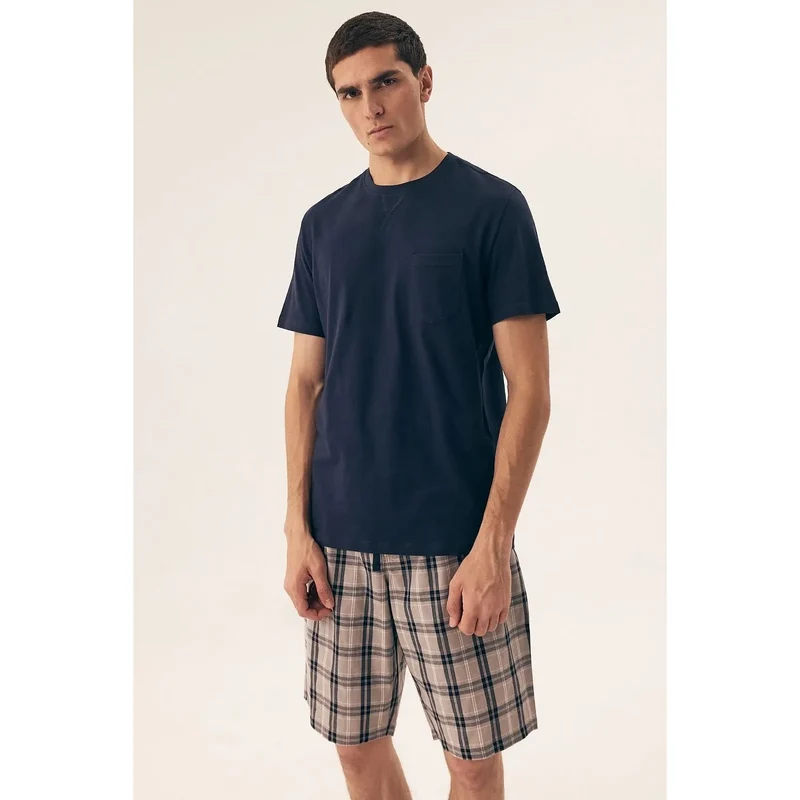 Pyjama sexy homme coton doux motif carreaux t-shirt short poche poitrine confortable intimité relaxante