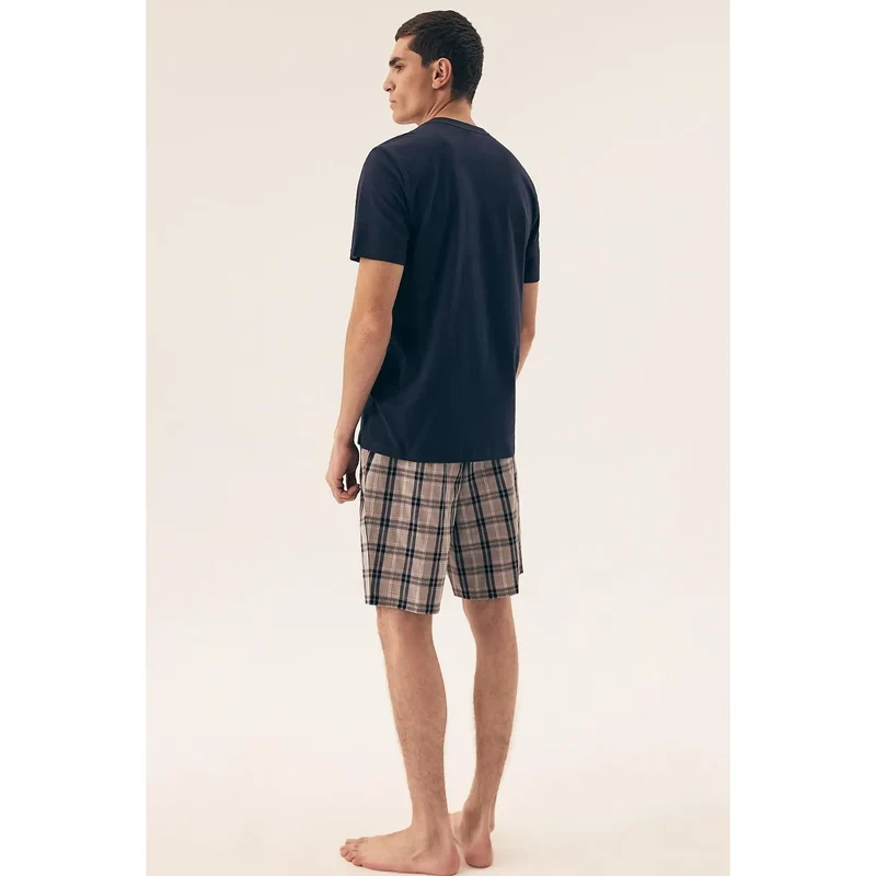 Pyjama sexy homme coton doux motif carreaux t-shirt short poche poitrine confortable intimité relaxante