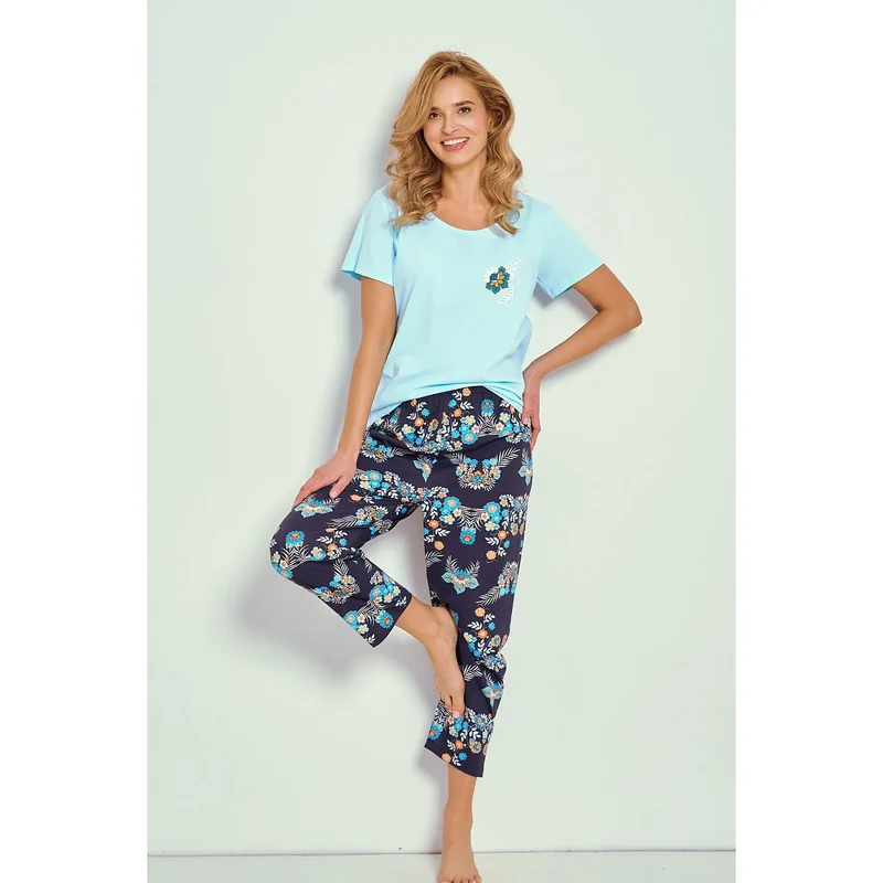 Pyjama Taro 216238 loungewear sensual coton 100% confort respirant imprimé floral manches courtes taille élastique