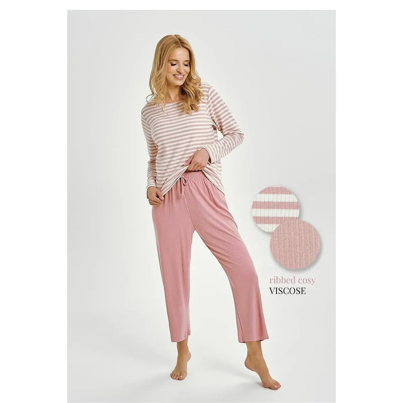 pyjama femme doux sexy viscose côtelée manches longues rayures blanches roses haut pantalon jogger taille élastique cordon serrage coupe ample