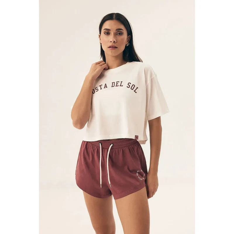 Pyjama femme haut court manches courtes short bordeaux blanc motif soleil ceinture élastique cordon ajustable coton léger respirant maison détente