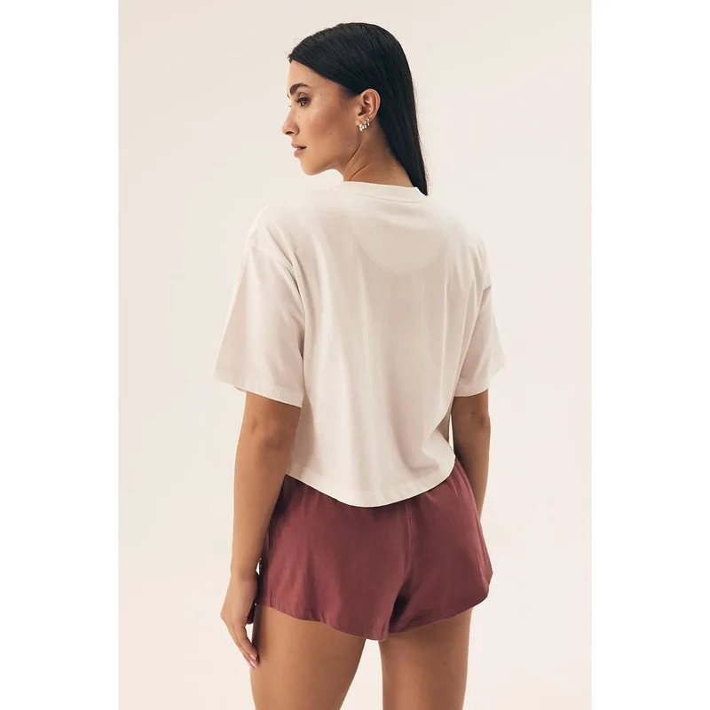 Pyjama femme haut court manches courtes short bordeaux blanc motif soleil ceinture élastique cordon ajustable coton léger respirant maison détente