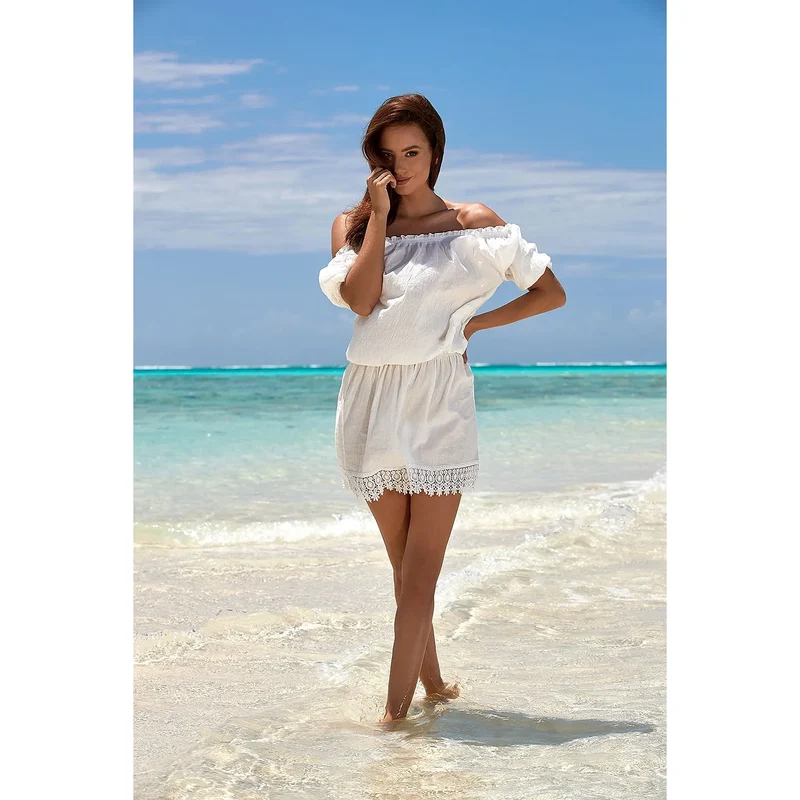 tunique plage Madora 179485 légère fluide coton lin encolure élastique épaules dénudées dentelle blanche ceinture courte bohème chic