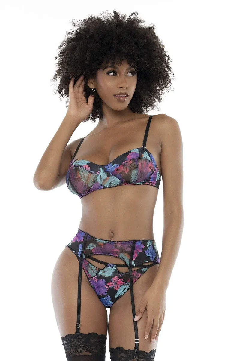 ensemble lingerie florale exotique sensuelle mystérieuse trois pièces soutiengorge portejarretelles string assorti bretelles réglables amovibles qualité supérieure polyester elasthanne confort