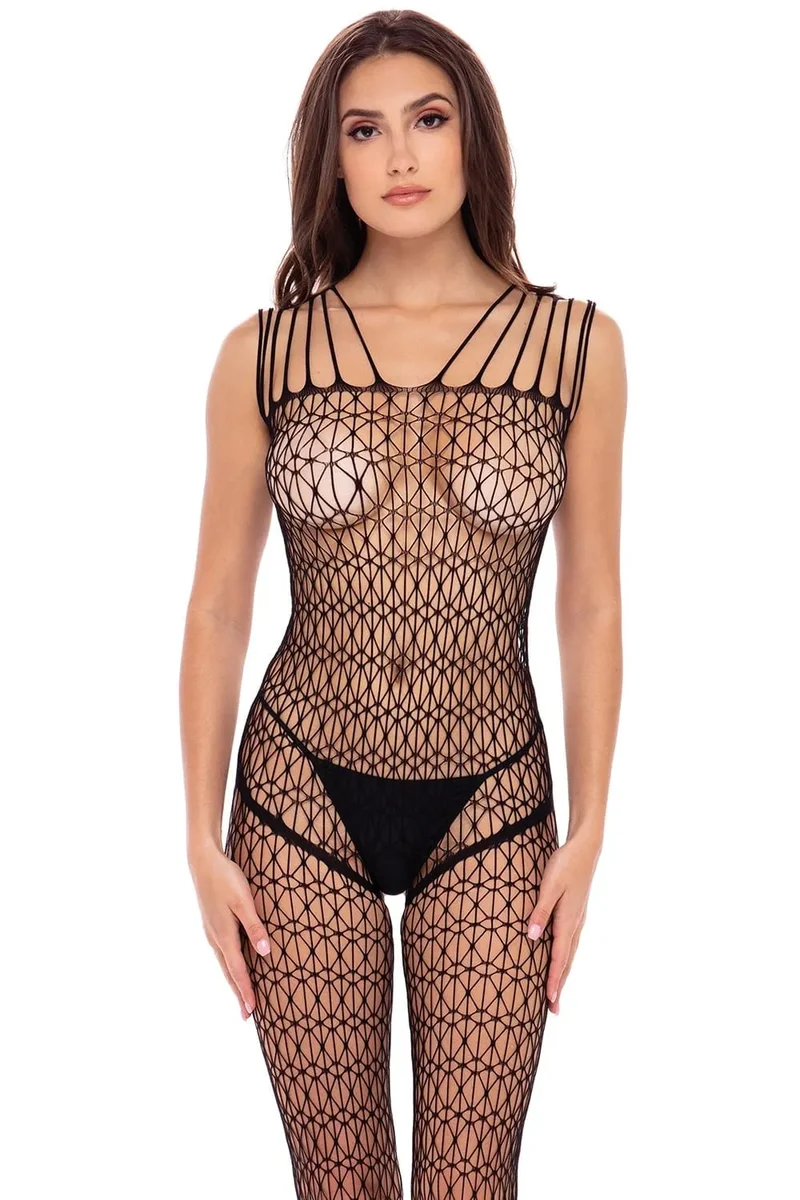 Combinaison lingerie femme noire résille filet moulante extensible douce respirante ouverte entrejambes tailleunique nylon elasthanne confortable