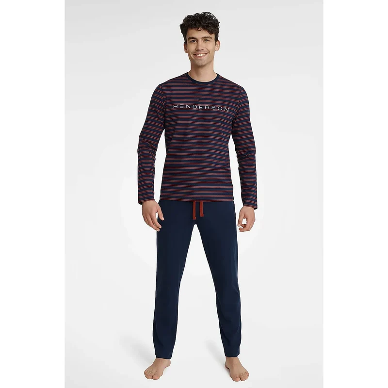 Pyjama homme Henderson modèle 183844 coton pur manches longues pantalon ajustable ceinture cordon rayures horizontales bas uni confort