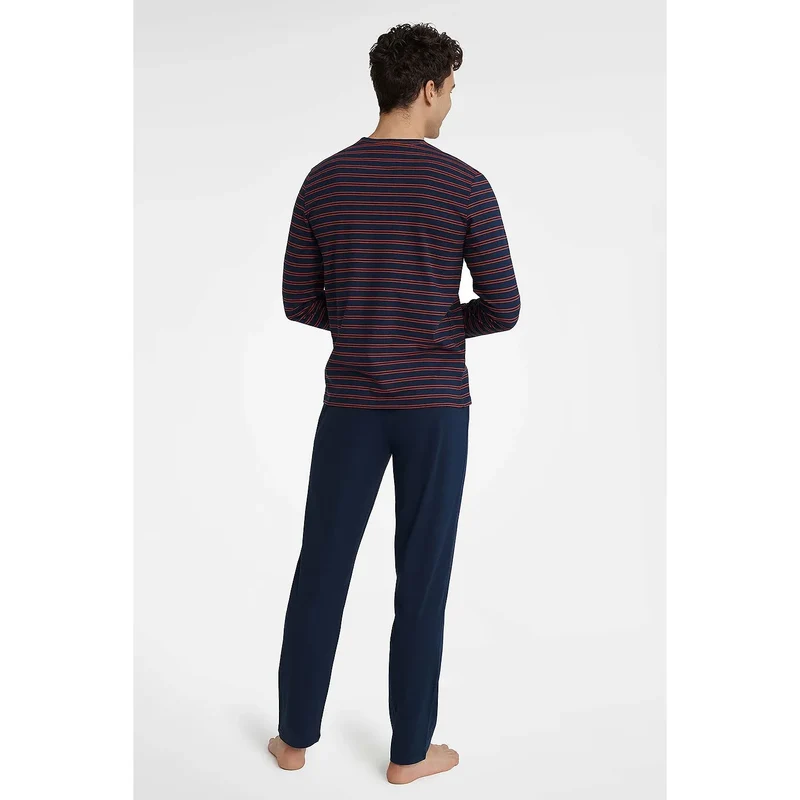 Pyjama homme Henderson modèle 183844 coton pur manches longues pantalon ajustable ceinture cordon rayures horizontales bas uni confort