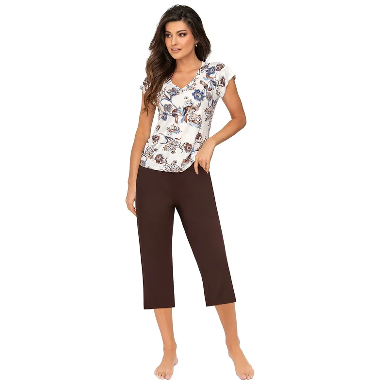 pyjama femme élégant imprimé floral confortable viscose doux col V manches courtes pantalon trois quarts ceinture élastique marron