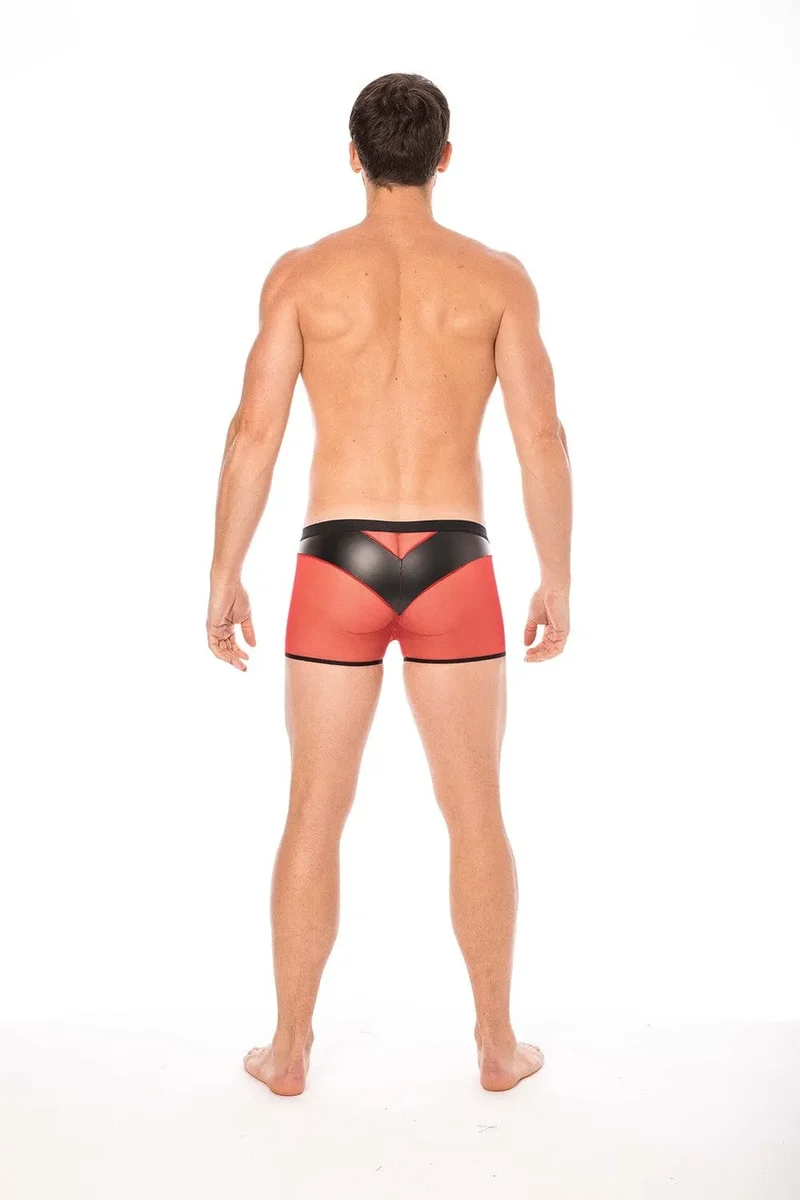 caleçon transparent résille rouge similicuir brillant souple poche frontale arrière sexy contraste opacité transparence confortable élégant extensible elasthanne polyester