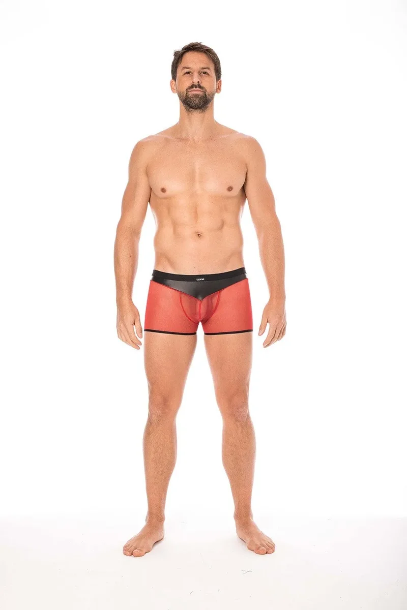 caleçon transparent résille rouge similicuir brillant souple poche frontale arrière sexy contraste opacité transparence confortable élégant extensible elasthanne polyester