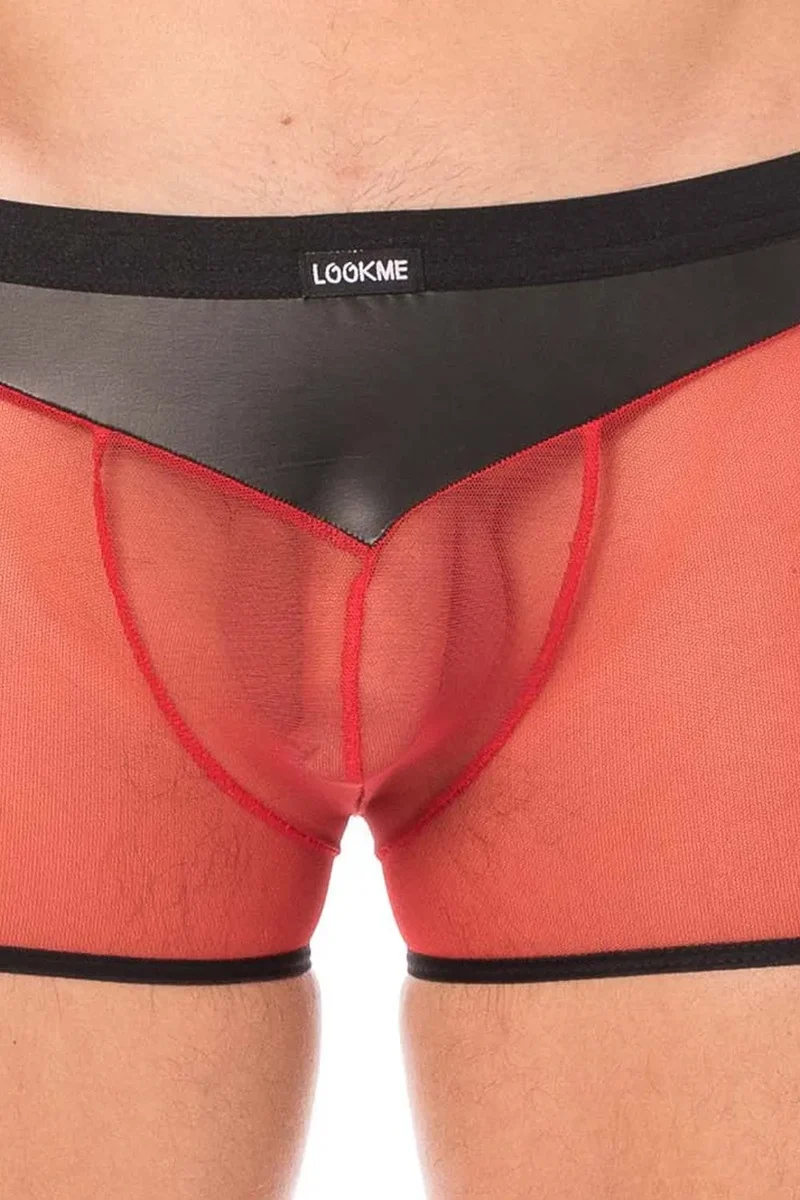 caleçon transparent résille rouge similicuir brillant souple poche frontale arrière sexy contraste opacité transparence confortable élégant extensible elasthanne polyester