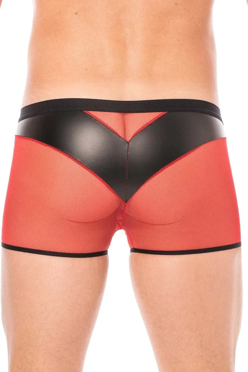 caleçon transparent résille rouge similicuir brillant souple poche frontale arrière sexy contraste opacité transparence confortable élégant extensible elasthanne polyester