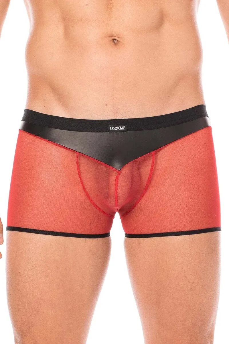 caleçon transparent résille rouge similicuir brillant souple poche frontale arrière sexy contraste opacité transparence confortable élégant extensible elasthanne polyester