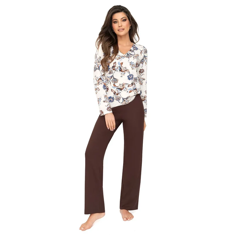 pyjama femme imprimé floral bleu marron haut manches longues col V coupe ajustée pantalon ample tissu doux fluide