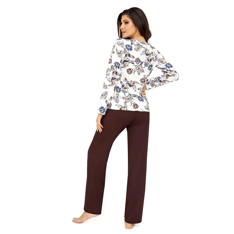 pyjama femme imprimé floral bleu marron haut manches longues col V coupe ajustée pantalon ample tissu doux fluide