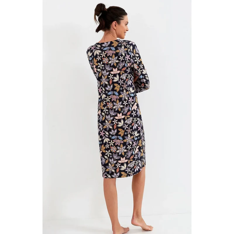 chemise nuit cotonpur doux respirant hypoallergenique fleurs colorees bleu marine manches longues col V coupe ajustee sexy discret