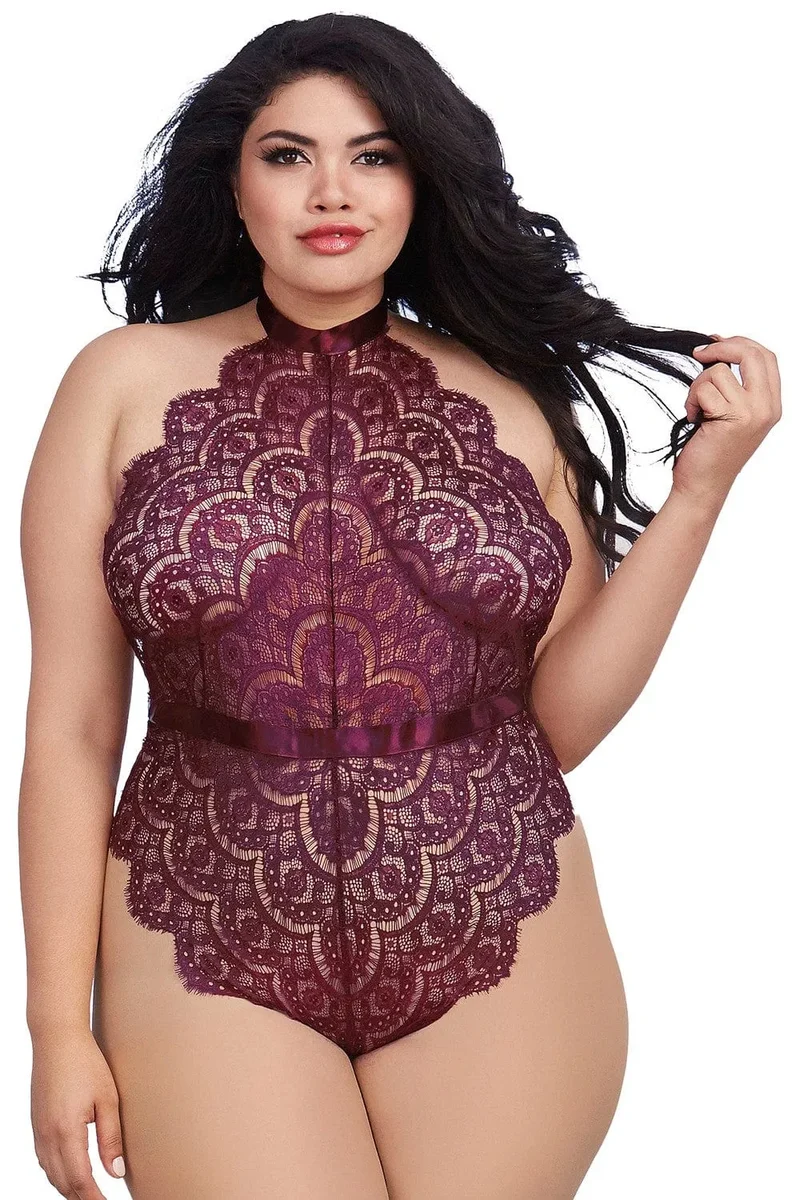 Justaucorps tanga grande taille dentelle chatoyante fil brillant encolure haute ruban satin nouer dos plongeant élastique maintien fermeture pression entrejambe
