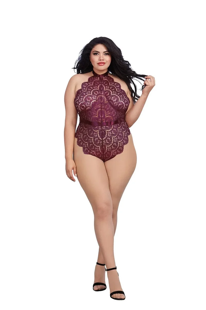 Justaucorps tanga grande taille dentelle chatoyante fil brillant encolure haute ruban satin nouer dos plongeant élastique maintien fermeture pression entrejambe