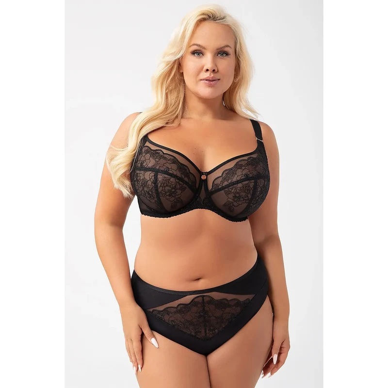 Soutien-gorge dentelle noire floral Gorsenia lingerie élégant sexy maintien optimal poitrines généreuses bretelles ajustables métalliques dorées