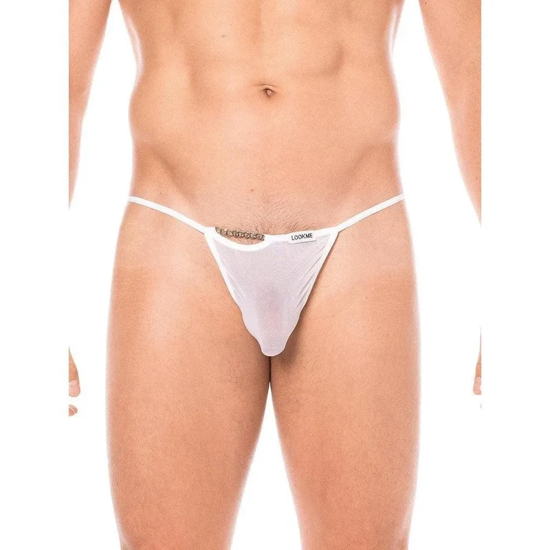 String transparent homme sexy audacieux blanc chainettes devant dos élégant confortable extensible polyamide élasthanne ajustable silhouette sensualité