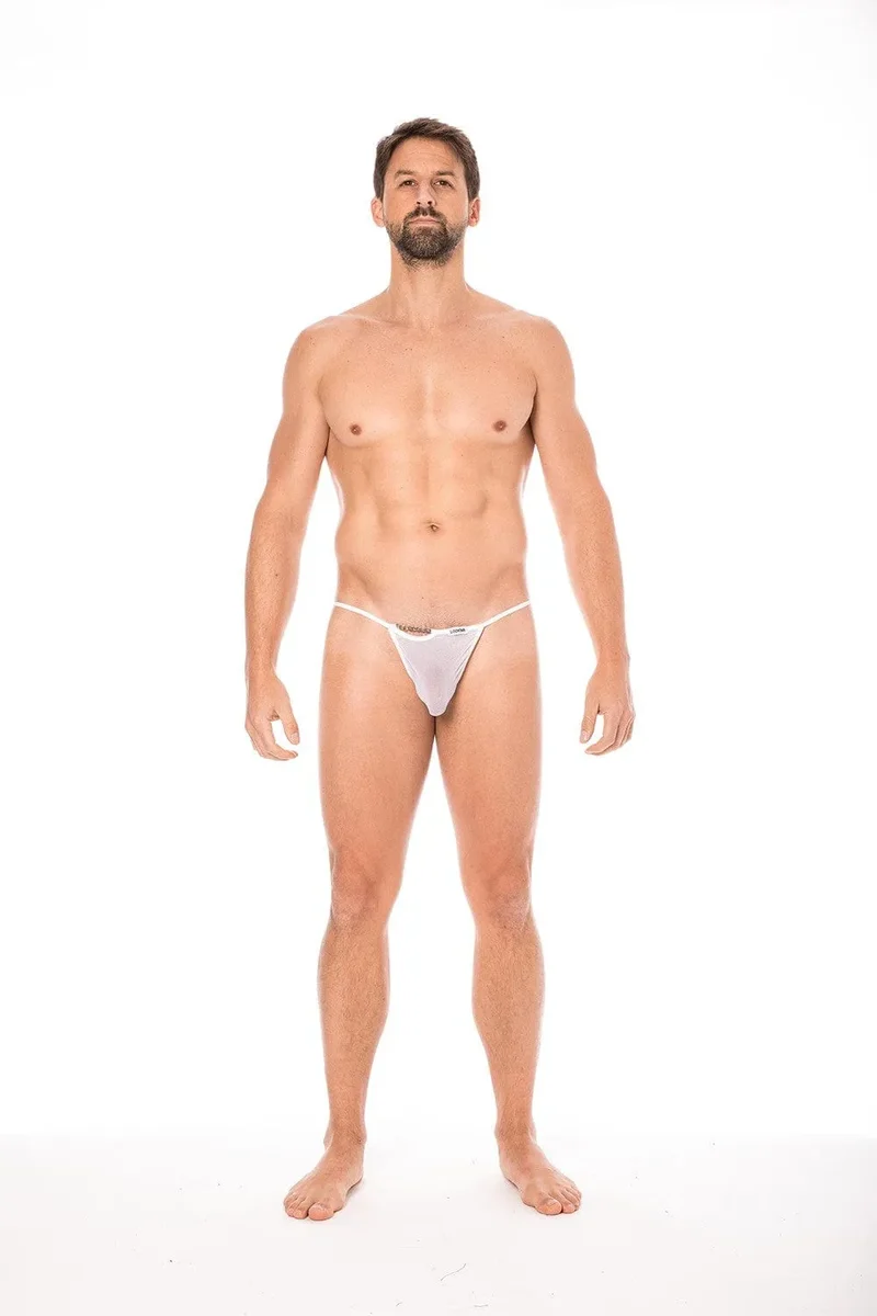 String transparent homme sexy audacieux blanc chainettes devant dos élégant confortable extensible polyamide élasthanne ajustable silhouette sensualité