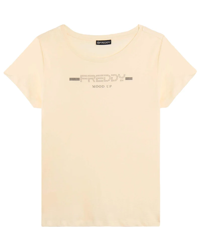 T-shirt Con Strass E Banda Logata Sulle Spalle Donna