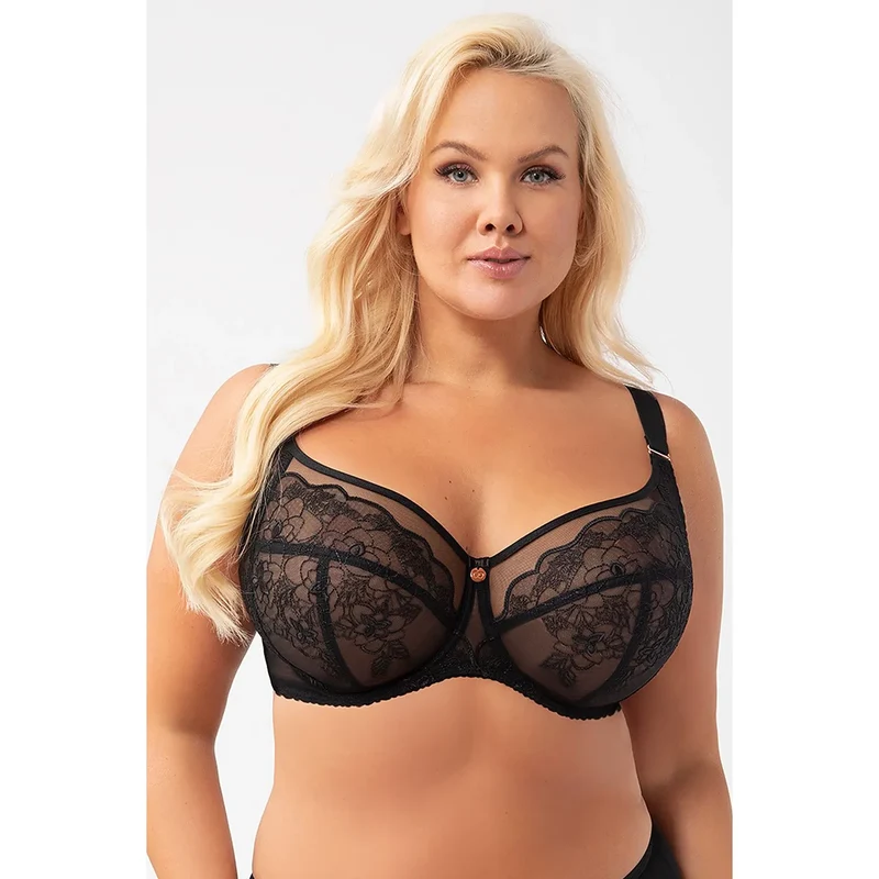 Soutien-gorge dentelle noire floral Gorsenia lingerie élégant sexy maintien optimal poitrines généreuses bretelles ajustables métalliques dorées